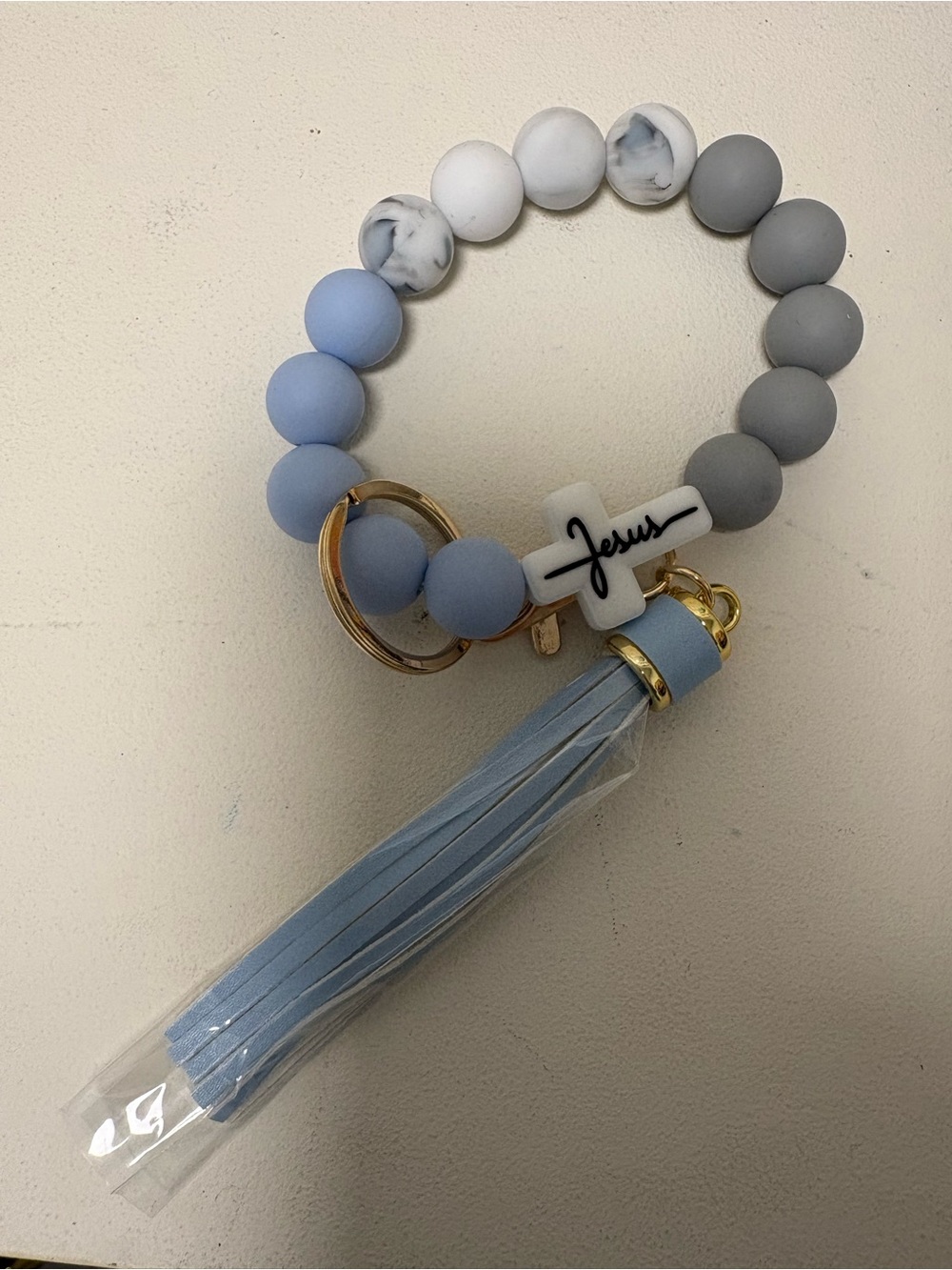 NWT Blue Gray Jesus Cross Silicone Beaded Wristlet Keychain Tassel.